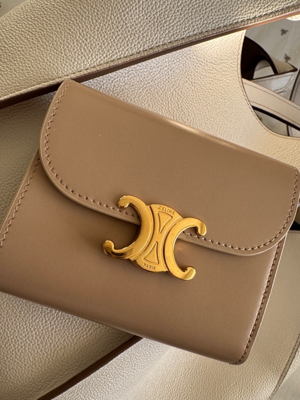 Celine Triomphe small flap wallet in safari color with Gold Hardware